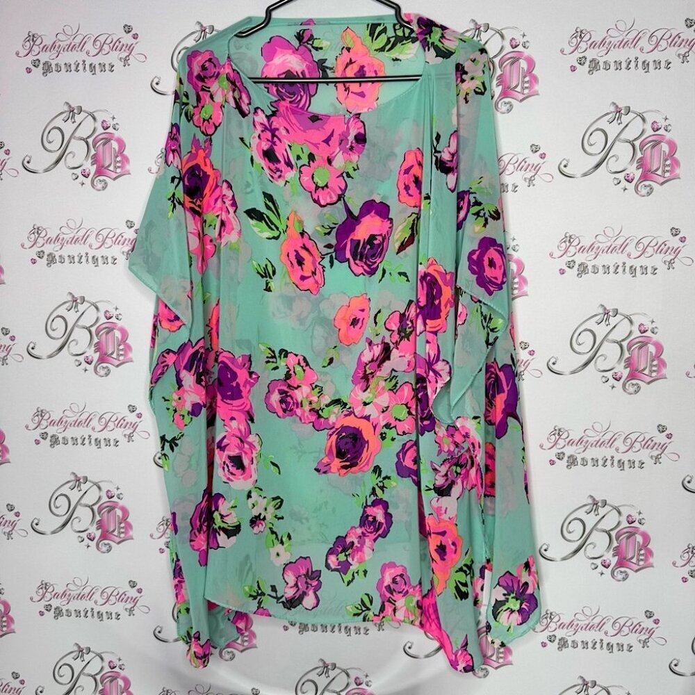 Coverup beach floral neon blue purple pink flowers 💐 bat wing flowy summer